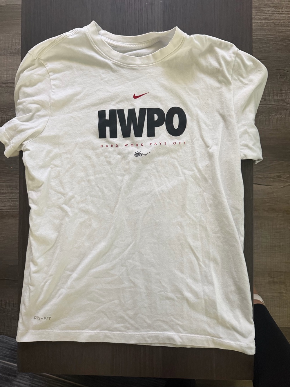 Nike White HWPO Logo Tee with Red Swoosh
